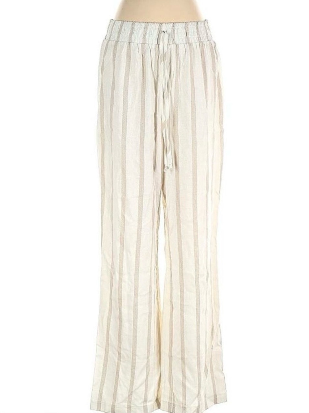 Lightweight Cream and Beige Striped Drawstring Pants